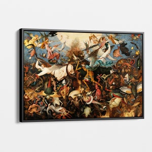 May include: A painting depicting a chaotic scene of angels and demons battling in the sky. The angels are depicted with large wings and are fighting off the demons, who are shown with horns and claws. The painting is full of detail and is a good example of the artist's skill.