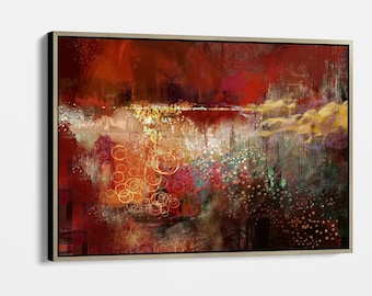 Arte mural abstracto en lienzo rojo, pintura expresionista moderna con tonos cálidos, gran obra de arte contemporáneo para sala de estar, oficina o dormitorio.