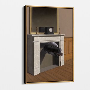 May include: A surrealist painting depicting a black steam locomotive emerging from a marble fireplace. The locomotive is partially obscured by smoke and is positioned in a room with a mirror and a clock on the mantelpiece.