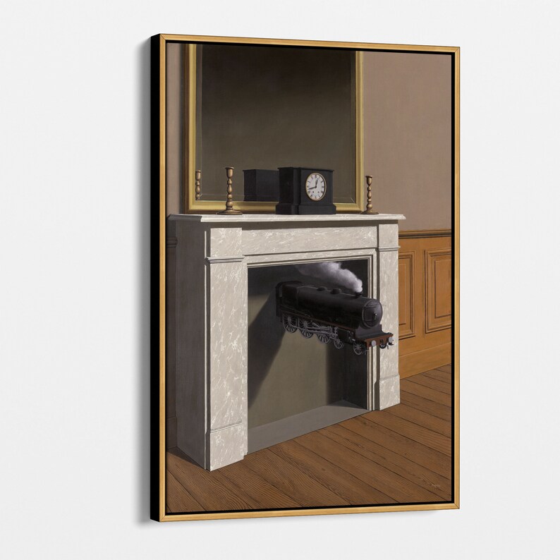 May include: A surrealist painting depicting a black steam locomotive emerging from a marble fireplace. The locomotive is partially obscured by smoke and is positioned in a room with a mirror and a clock on the mantelpiece.