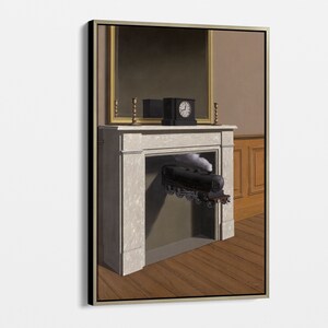 May include: A surrealist painting depicting a black steam locomotive emerging from a fireplace in a room with a clock and a mirror.