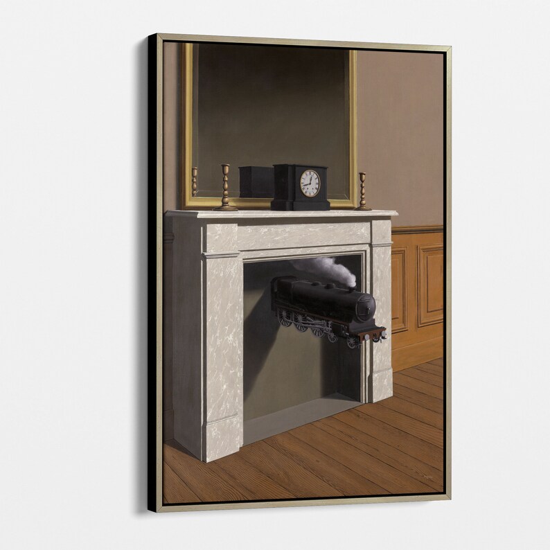 May include: A surrealist painting depicting a black steam locomotive emerging from a fireplace in a room with a clock and a mirror.