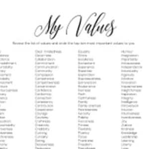 May include: A printable worksheet with a list of 100 values, organized into columns. The list includes words like "accountability", "adventure", "creativity", "honesty", "integrity", and "kindness".
