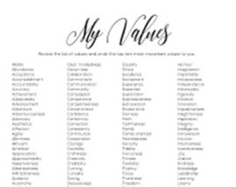 Puede incluir: Una hoja de trabajo imprimible con una lista de 100 valores, organizada en columnas. La lista incluye palabras como "responsabilidad", "aventura", "creatividad", "honestidad", "integridad" y "amabilidad".