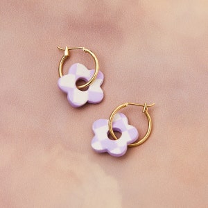 Checkerboard Flower Gold or Silver Hoop Earrings in lilac, Checkerboard Earrings, Clay Flower Hoop Earrings, Polymer Clay Earrings