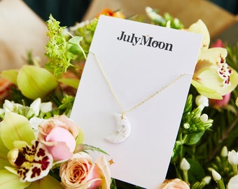Sterling Silver Gold Plated Necklace with Marble Moon Charm, Gold Moon Chain Necklace, Stocking Filler Gifts