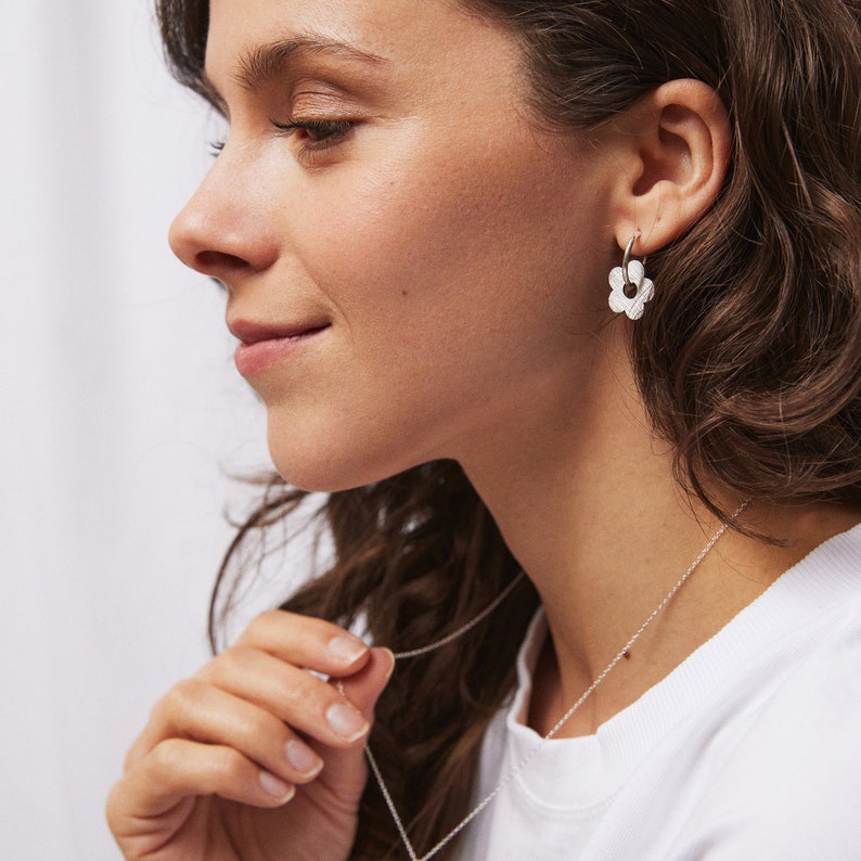 Flower Charm Hoop Earrings, Daisy Hoop Earrings, Silver Gold Flower Hoop Earrings image 2