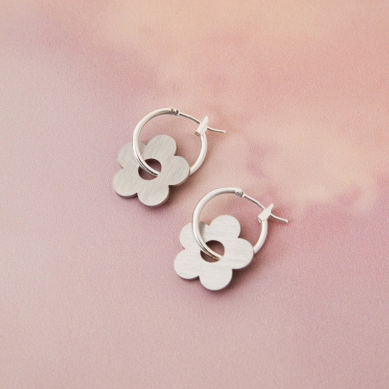 Flower Charm Hoop Earrings, Daisy Hoop Earrings, Silver Gold Flower Hoop Earrings image 1