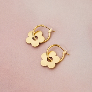 Flower Charm Hoop Earrings, Daisy Hoop Earrings, Silver Gold Flower Hoop Earrings image 4