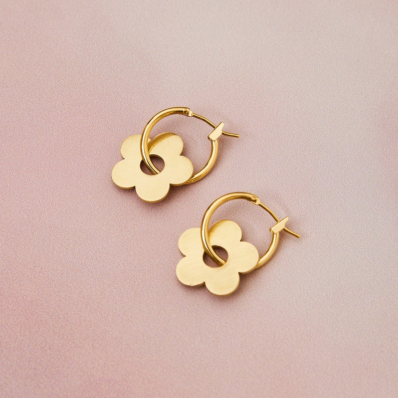 Flower Charm Hoop Earrings, Daisy Hoop Earrings, Silver Gold Flower Hoop Earrings image 4