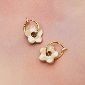 Checkerboard Flower Gold or Silver Hoop Earrings in Cream, Mothers Day Gift, Clay Flower Hoop Earrings