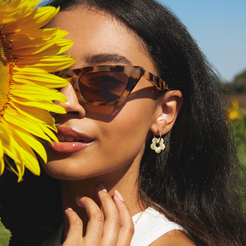 Flower Charm Hoop Earrings, Daisy Hoop Earrings, Silver Gold Flower Hoop Earrings image 5