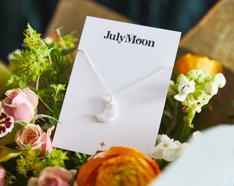 Sterling Silver Necklace with Marble Moon Charm, Birthday Gift Idea, Silver Moon Chain Necklace