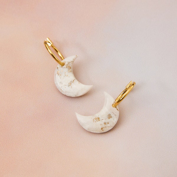 Marble Clay Moon Gold or Silver Hoop Earrings, Polymer Clay Moon Earrings, Gift for Mothers Day