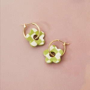 Checkerboard Flower Gold Hoop Earrings in Green, Checkerboard Earrings, Clay Flower Hoop Earrings, Polymer Clay Earrings