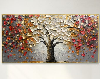 Peinture à l'huile sur toile cerisiers 3D Arbre de vie coloré Art mural texturé crème Toile fleurs printanières Décor bohème moderne Cadeau