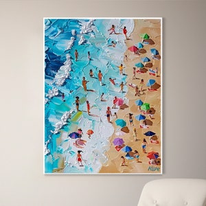 Summer Swimming Scene Original Joyful Coastal Landscape Blue Ocean Canvas Oil Painting Sunlit Beach Seascape Wall Art Surfing Sport Art