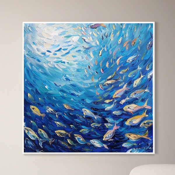 Exquisite School Of Fish Seascape Large Blue Ocean Canvas Oil Painting Handcrafted Marine Animal Art Abstract Chic Seaside Wall Decor Luxe