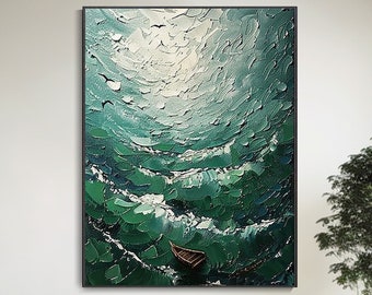 Green Deep Sea Landscape Art Abstract Seascape Hand Oil Painting Creamy Texture Wall Decor Custom Kayak Conversation Large Wabi-Sabi Art