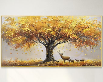 Original Golden Tower Tree Wall Art Custom Plum Blossom Deer Animal Canvas Oil Painting Blooming Tree Of Life Landscape 3D Texture Hand