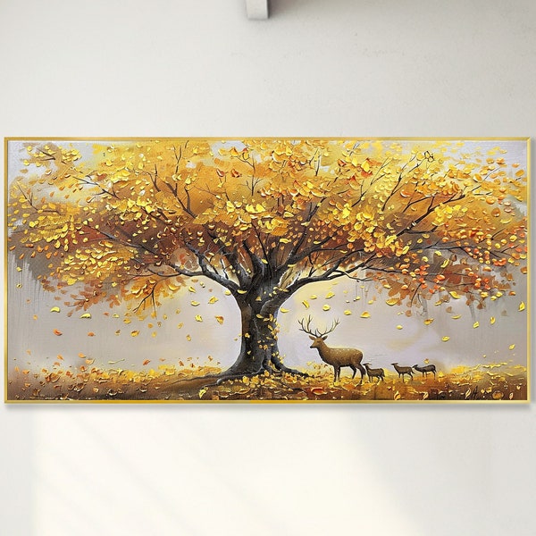 Art mural arbre de vie doré cerf de prunier peinture originale animaux sur toile paysage de l'arbre de vie peinture au couteau texture 3D