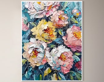Art floral aux couleurs vives Peinture en relief Pétales en 3D Toile de pivoine peinte à la main Art de jardin luxueux Œuvre personnalisable