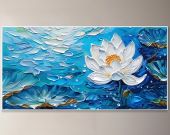 Nénuphars blancs et lotus bleus sur toile peinture à l'huile art mural texturé vague 3D décoration murale printanière cadeau fête des mères