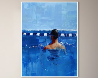 Ritratto originale di nuotatore Dipinto ad olio su tela Palazzo del nuoto Onde blu Arte da parete minimalista Decorazione murale moderna