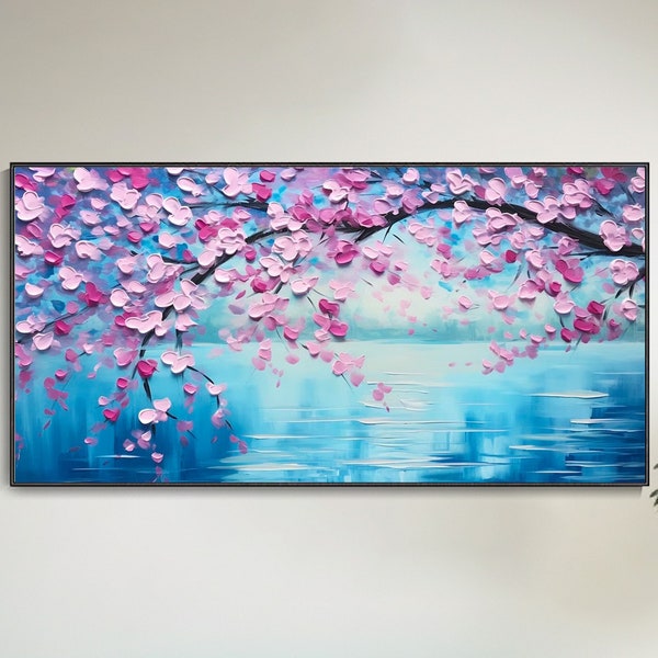 Art de paysage de grand mur avec cerisiers roses Texture lac bleu Peinture à l'huile sur toile minimaliste originale à la spatule Décoration