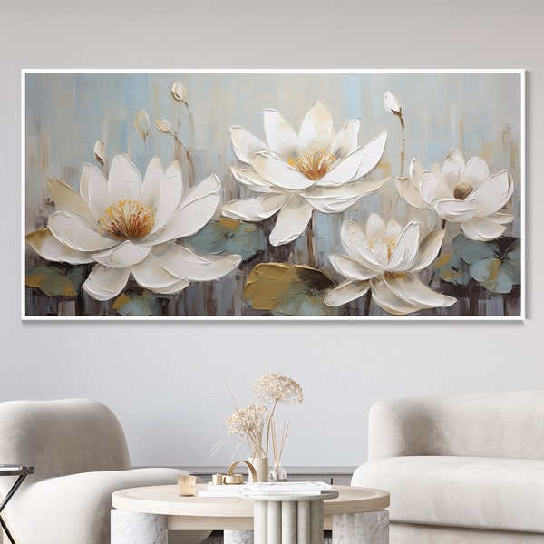 Original Pintura al óleo de loto blanco Estilo crema 3D Textura de lienzo Arte de pared Personalizado Paisaje de lirios Acuarela Arte