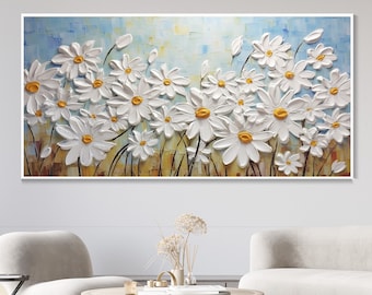 3D weiße Gänseblümchen Leinwand Ölgemälde, Original Sonnenblume Landschaft Kunst, blühende Blumen, 3D strukturierte Palette Messer Malerei