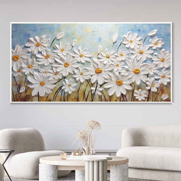 3D White Daisies Canvas Oil Painting, Original Sunflower Landscape Art, Blooming Flowers, 3D Textured Palette Knife Painting, Christmas Gift