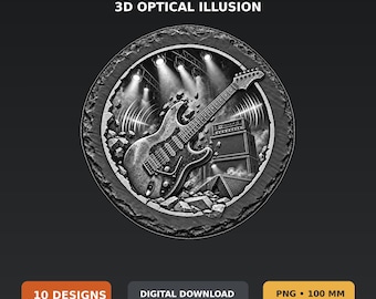 音楽レジェンド3D錯視スレート彫刻PNGバンドル、楽器デザイン10種類、100mmレーザーデジタルダウンロード