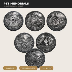 Könnte beinhalten: Eine Sammlung von sechs kreisförmigen Haustier-Gedenkgravuren im Schiefer-Stil, die verschiedene Tiere mit Engelsflügeln in Landschaften zeigen. Der Text umfasst Forever Loved, Always In My Heart, Loyal Forever, Your Paw Prints Remain, Gone But Never Forgotten und Forever Together.