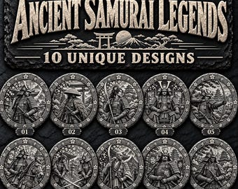 古代侍伝説3Dスレート彫刻バンドル、日本の武士PNGデザイン10点、100mmレーザー彫刻ファイル