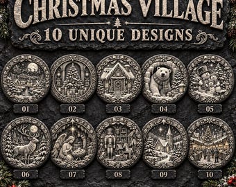 クリスマスビレッジ3Dスレート彫刻PNGバンドル、クリスマスデザイン10種類、サンタ、トナカイ、雪だるま、100mmデジタルダウンロード