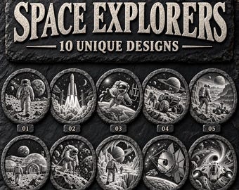宇宙探検家3D錯視スレート彫刻PNGバンドル、宇宙飛行士とロケットのデザイン10種類、100mmレーザーデジタルダウンロード
