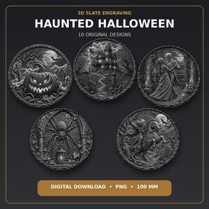 Op de afbeelding: Een digitale downloadset van 3D-leigravures getiteld HAUNTED HALLOWEEN met 10 originele ontwerpen. De afbeelding toont vijf cirkelvormige grijstinten illustraties met een pompoen, een spookhuis, een skeletpaar, een spin en een ruiter zonder hoofd.