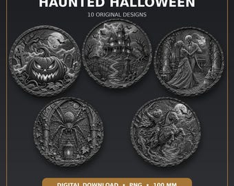 ハロウィンの不気味な3Dスレート彫刻PNGバンドル、10種類のオリジナルコースターデザイン、100mmレーザーデジタルダウンロード