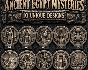 古代エジプトの謎 3D スレート彫刻 PNG バンドル、エジプトデザイン 10 種類、アヌビス スフィンクス ファラオ、100mm デジタルダウンロード