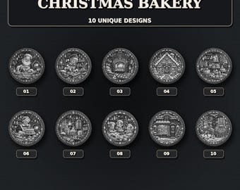 Enchanted Christmas Bakery 3D Slate Engraving Bundle, 10 PNG Designs, 100mm Laser Coaster Files, LightBurn Download