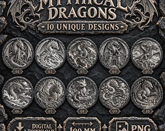 神話上のドラゴンの3Dスレート彫刻バンドル、10種類のPNGデザイン、100mmレーザーアート
