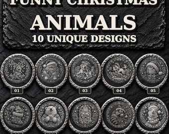 おもしろいクリスマス動物の3Dスレート彫刻バンドル、グレースケールPNGデザイン10点、100mmレーザーファイル
