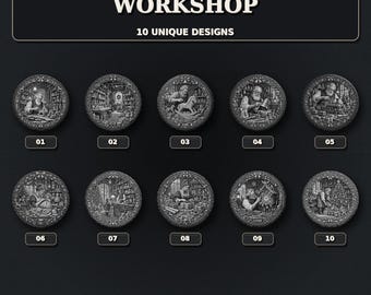 Victorian Christmas Workshop 3D Slate Engraving Bundle, 10 PNG Designs, 100mm Laser Coaster Files, LightBurn Download