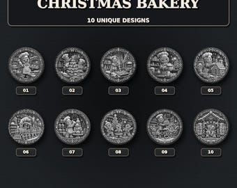 ジンジャーブレッド・クリスマス・ベーカリー 3D スレート彫刻バンドル、10種類のPNGデザイン、100mmレーザーコースターファイル、LightBurnデジタルダウンロード