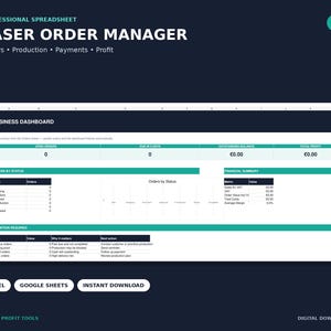 Op de afbeelding: Een professioneel spreadsheet getiteld Laser Order Manager voor het bijhouden van bestellingen, productie, betalingen en winst. Het zakelijke dashboard bevat secties voor openstaande bestellingen, vervaldata, saldi, winst en financiële overzichten.