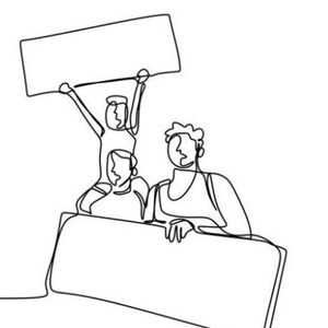 Un disegno continuo di una protesta. due persone in manifestazione con in mano un rotolo di carta bianca per aspirare la voce