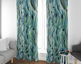 Abstract Botanical Curtain Panel, Teal Green Leaf Window Curtain, Modern Nature Print, Optional Blackout, Custom Length