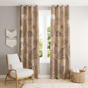 Vintage Botanical Curtains – Beige Floral Drapes with Sketch Leaf & Flower Print – Elegant Grommet Panels for Living Room or Bedroom Decor