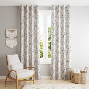 Modern Boho Floral Curtains – Beige Linen Look Drapes with Black Botanical Print, Grommet Top Window Panels for Living Room or Bedroom Deco